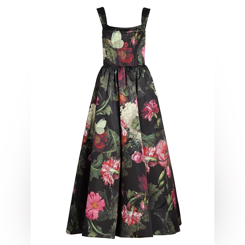 Alice + Olivia Satin Corseted Guinevere Gown Floral Print Maxi Dress